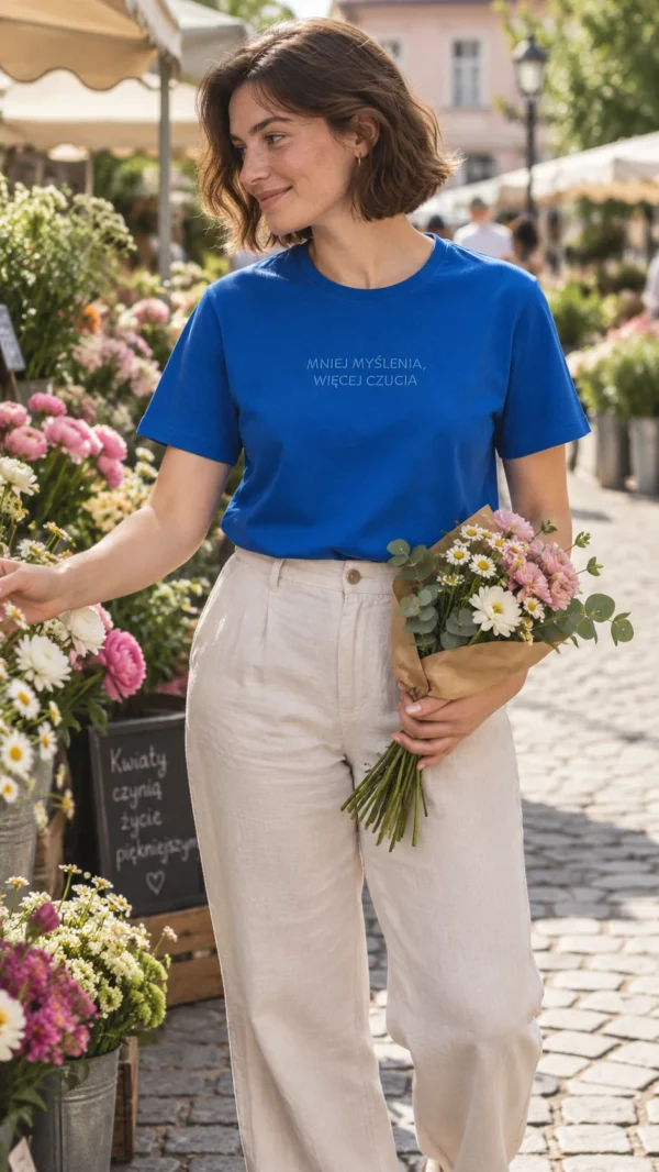 T-Shirt Koszulka Kobaltowa „Mniej Myślenia, Więcej Czucia”